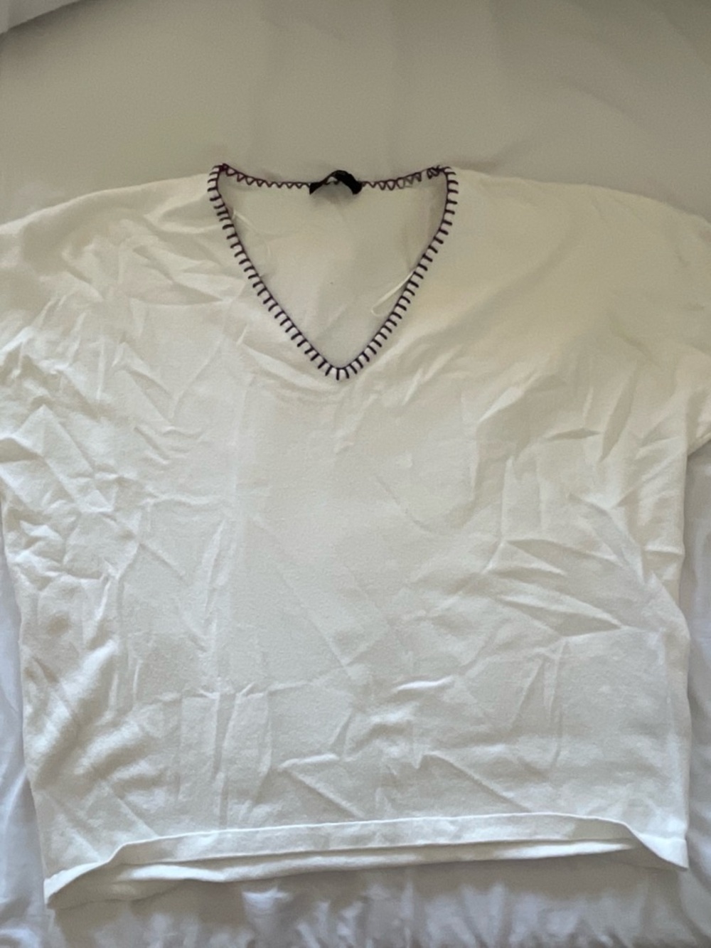 Tahari White Top with Dark Navy Decorative Stitching